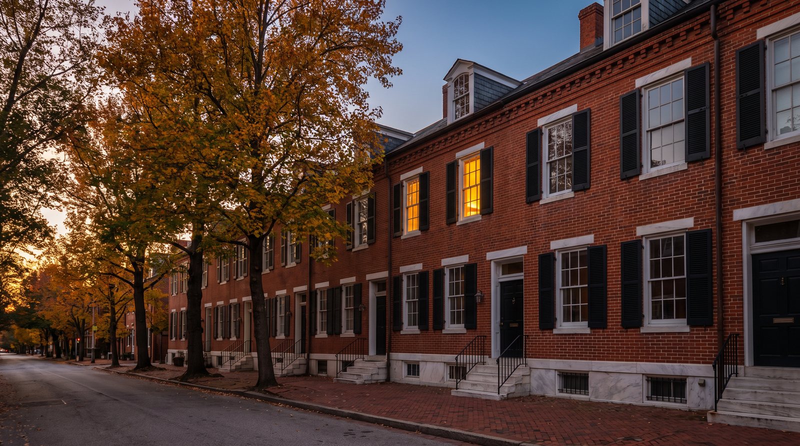 Red brick Maryland rowhouses with black shutters on a tree-lined street at dusk, one upstairs window lit